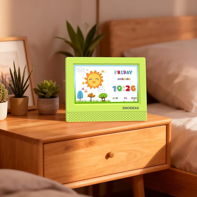 SINOIDEAS 7 Inch Kids Digital Alarm Clock, Children's Sleep Trainer,Eye-Caring Digital Clock for Girls Boys Bedrooms Bedside (Green)