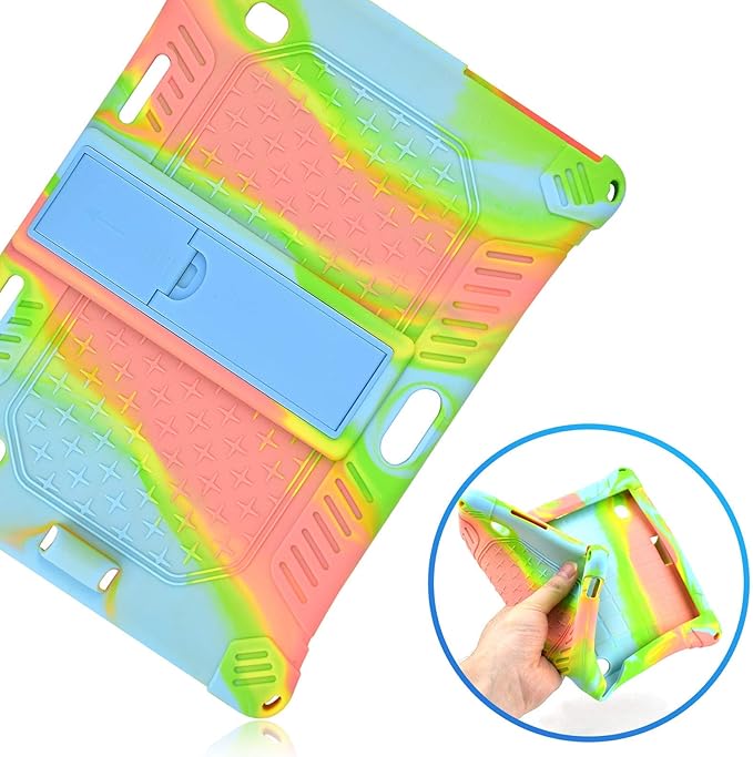 DETUOSI Case for YELLYOUTH 10.1 Tablet, Soft Silicone Lightweight Case Compatible with Dragon Touch Notepad K10, ZONKO 10.1, Beyond Tab 10.1, with Stylus Pen and Shoulder Strap, Orange Pink Blue