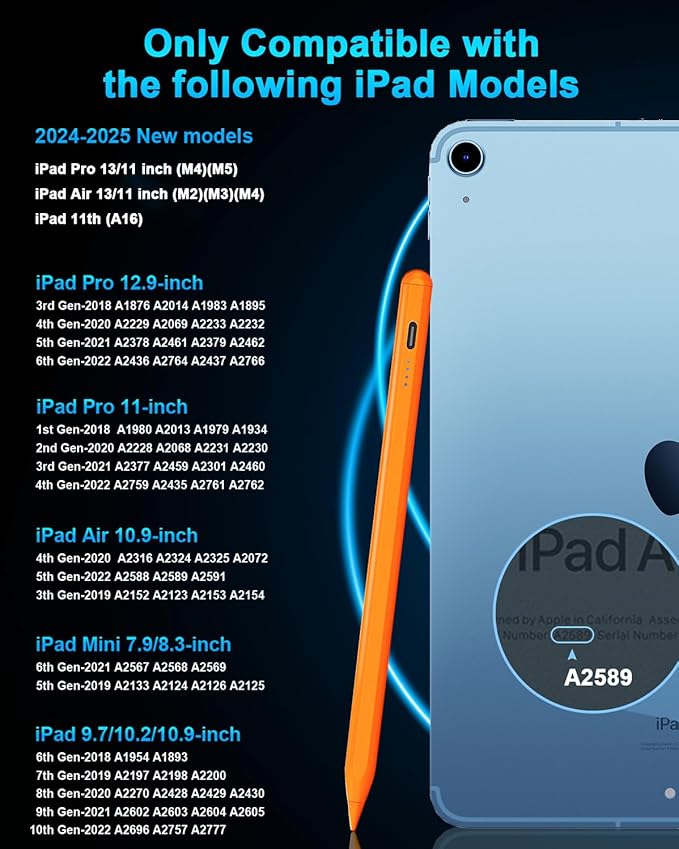 Stylus Pen for iPad - Type-c Charging Pencil for ipad Palm Rejection Active Pen Compatible with (2018-2026) Apple iPad 6/7/8/9/10/11(A16), Pro 11"/12.9"/13"M4/M5, Air 3/4/5/M2/M3/M4, Mini 5/6 (Orange)