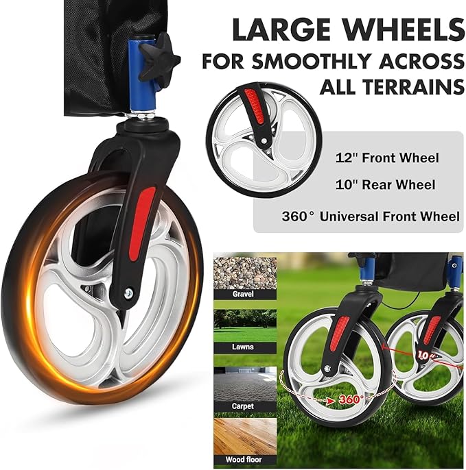 Rollator Walker for Seniors, Lightweight Foldable All Terrain Rolling Walker with seat,12" Rubber Wheels for Smooth Outdoor Use, Compact Folding Design,Height Adjustable 34"-40" for All Users.