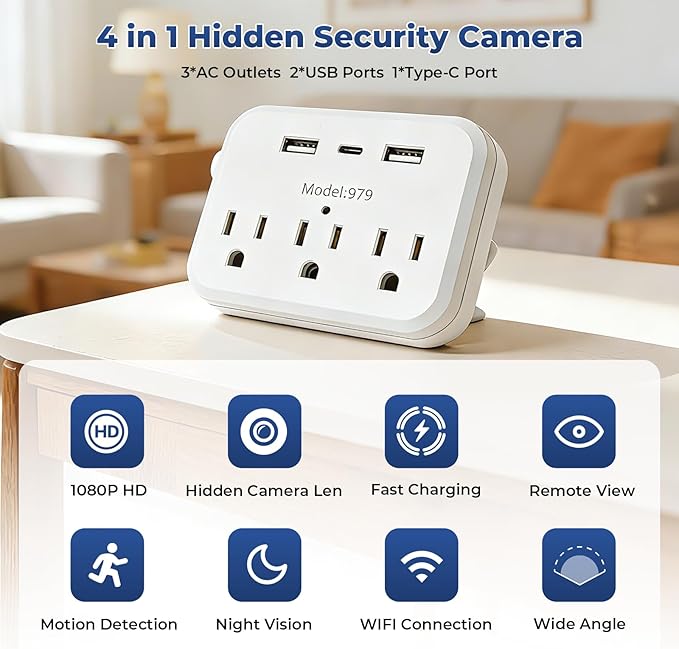 1080P HD Hidden Wall Outlet Camera WiFi Spy Cam with Motion Detection, Fast Charging & Remote Monitoring for Home Security