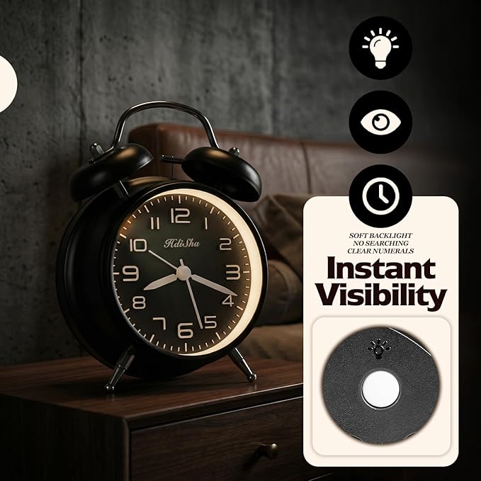 Loud Alarm Clock for Heavy Sleepers, 6 inch Battery Operated Twin Bell Alarm Clock with Night Light, Silent Non Ticking Analog Small Clock Decor for Bedroom, Bedside, Living Room
