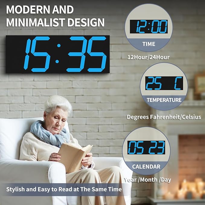 CHKOSDA 18.7in Large Digital Wall Clock,LED Digital Clock with Big Number,Multi-Function Remote Controlled Wall Clock with Timer, Alarm and Calendar Display(Blue)