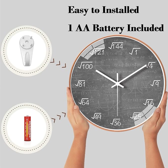 QINFIEY 12 Inch Math Wall Clock Silent Non Ticking Movement Quality Quartz Wall Clock for Home/Kitchen/Office/Classroom/School/Living Room Wall Decorations (Gray)