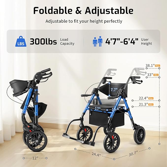2 in 1 Rollator Walker for Seniors with Seat, Walker Wheelchair Combo, Transport-Wheelchair-Lightweight-Foldable with Adjustable Seat and Handle, 300 Lb. Weight Capacity, Blue