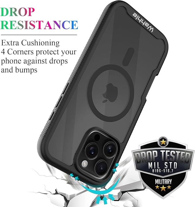 wahhle Compatible with iPhone 16 Pro Case, Magnetic Built in Screen Protector Full Body Shockproof Slim Fit Bumper Protective Phone Cover 6.3'' Men Women-Black/Clear