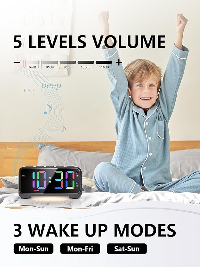 Mesqool Super Loud Alarm Clock for Bedrooms,Weekend/Weekday Mode, Dimmer, Snooze, 12/24H, DST, Battery Backup for Heavy Sleepers, Adults (Black)