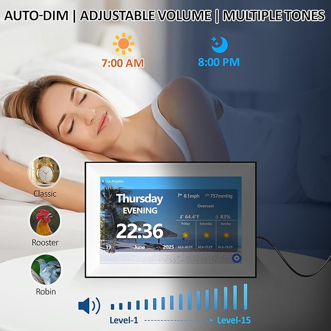 WiFi 10.1 Inch Digital Alarm Clock for Seniors, Large Display with Day/Date Smart Touchscreen Electronic Calendar 64 Alarms 64 Reminders Dementia Alarm Clock for Elderly（White）