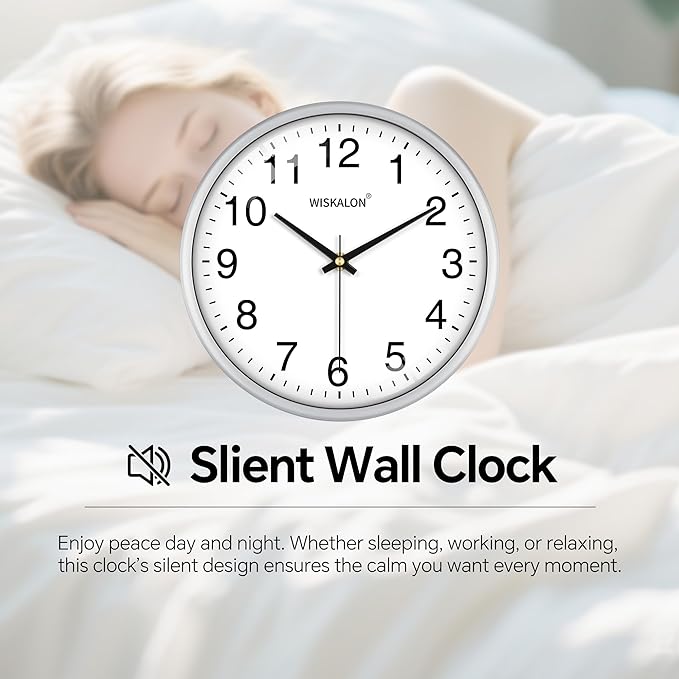 WISKALON 10 Inch Wall Clock, Silent Non-Ticking Round Silver Frame Clock with Glass, Battery Operated, Easy to Read for Home/Office/School