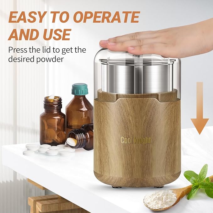 COOL KNIGHT Electric Pill Crusher, 150W 110V Corded Pill Grinder, Tablet Pulverizer for Small and Large Meds and Vitamins, 304 Stainless Steel Cup and Blades, Lid Seal to Reduce Mess, M150H