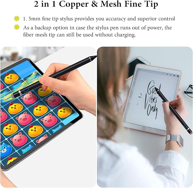 Active Stylus Pen for iPhone/iPad/Android, Kenkor Pencil with Dual Touch Function, Rechargeable Digital Fine Point Pen for Apple iPad Pro/Air/Mini/iPhone/Cell Phone/Samsung/Tablet Drawing & Writing