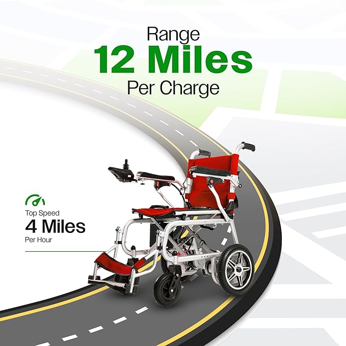 Culver Artemis Pro Lightweight Foldable Electric Wheelchairs for Seniors - 2x250W Motor Power Wheelchair - Travel/User Friendly Electric Wheelchairs for Seniors, Long Range Electric Wheelchair, Red