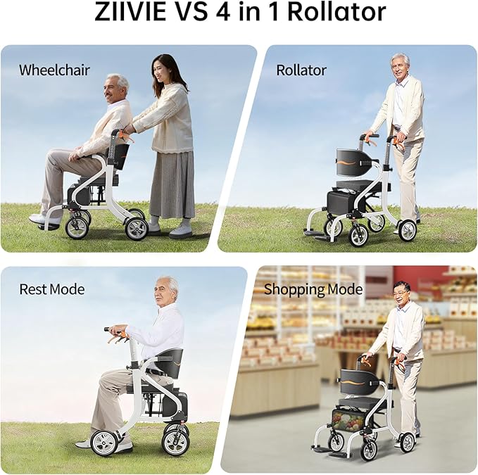 2-in-1 Walker and Transport Wheelchair Combo, Lightweight Foldable Mobility Rollator Chair for Seniors, Pre-Assembled 17 lbs Travel Chair with 8" All-Terrain Wheels, Support 330 lbs