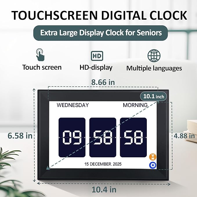 10.1" Touchscreen Digital Clock Large Display, Dementia Clocks for Seniors Custom 64 Alarms and Reminders, Auto DST, Auto-Dimming, Digital Alarm Clock with Day and Date for Elderly(Black)