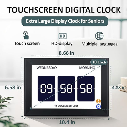 10.1" Touchscreen Digital Clock Large Display, Dementia Clocks for Seniors Custom 64 Alarms and Reminders, Auto DST, Auto-Dimming, Digital Alarm Clock with Day and Date for Elderly(Black)