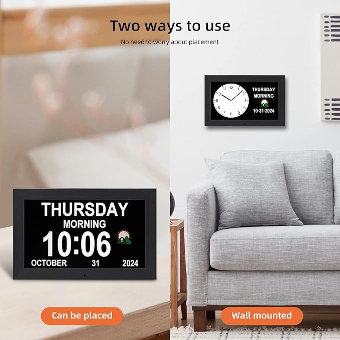 Digital Alarm Clock, Multiple Alarm Functions, Clock with Date and Week, Digital Alarm and Electronic Calendar for Seniors (White, 7 inch) (10-inch Black)