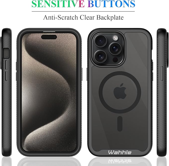 wahhle Compatible with iPhone 15 Pro Max Case, Magnetic Wireless Charging Built in Screen Protector Full Body Shockproof Slim Fit Bumper Protective Phone Cover 6.7'' Men Women-Black/Clear