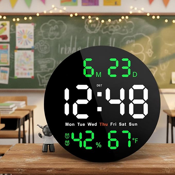 Large Digital Clock for Classroom, Digital Classroom Clocks for Teachers, 10" Round LED Clock with Large Display，Date, Countdown Timer, Remote Control, Temperature, Electric (Green)