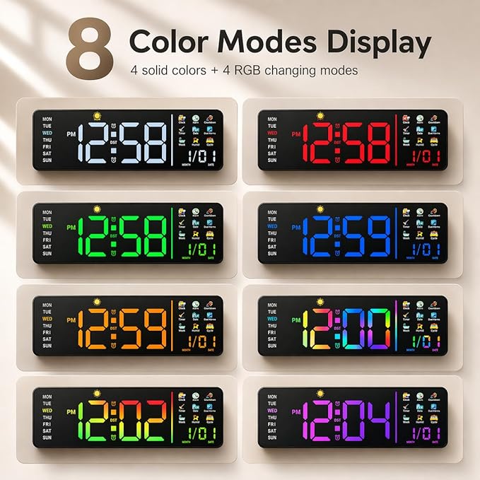 Hoifen Clock with Day and Date for Seniors, 16" Large Display Digital Calendar Dementia Wall Clock for Memory Loss with Time Periods & Task Reminders, Remote Control, Night Light, Auto Dim & DST (RGB)