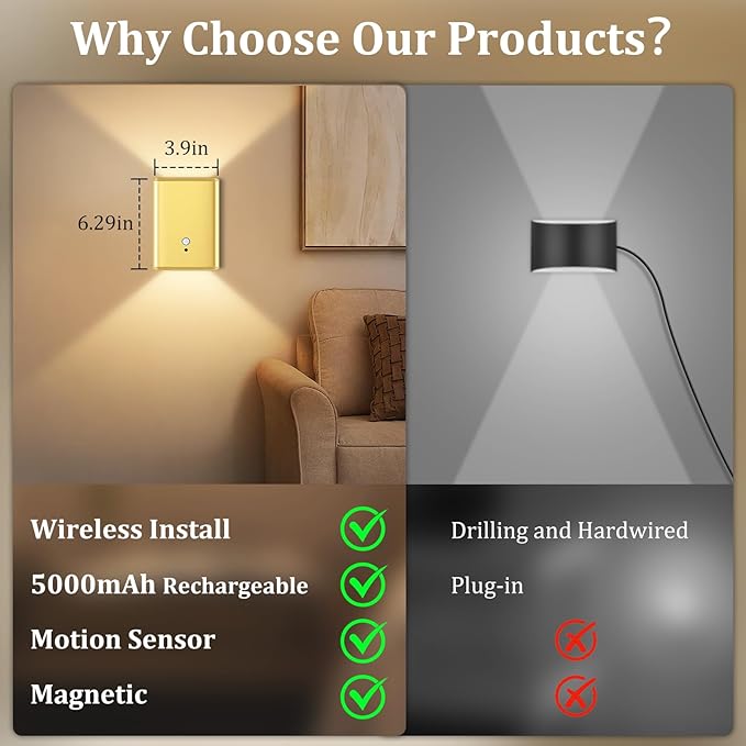 1 Pack Battery Operated Wall Sconce Light: 5000mAh Rechargeable Motion Sensor Night Light 3 Colors Wireless Sconce Magnetic Motion Sensor Stair Light Indoor LED Wall Light for Bedroom Hallway Closet