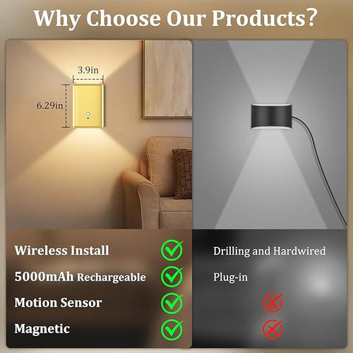 1 Pack Battery Operated Wall Sconce Light: 5000mAh Rechargeable Motion Sensor Night Light 3 Colors Wireless Sconce Magnetic Motion Sensor Stair Light Indoor LED Wall Light for Bedroom Hallway Closet