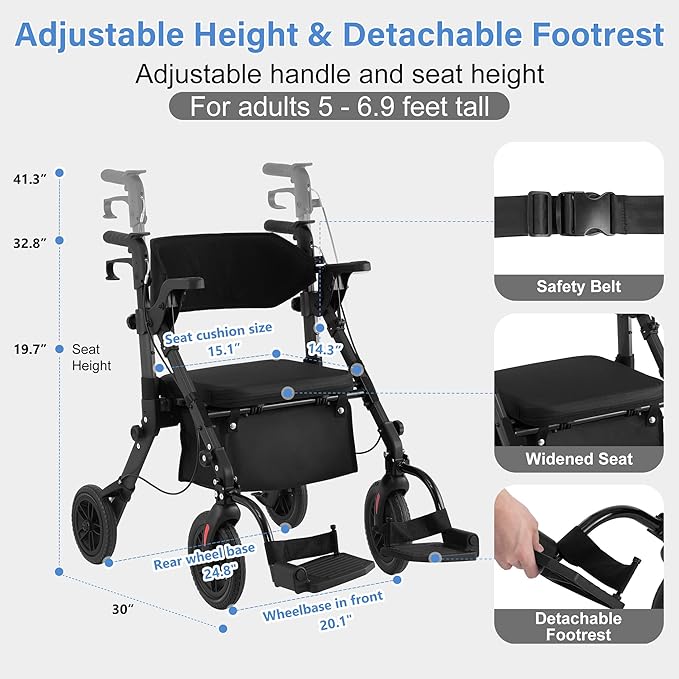 Walkers for Seniors with Seat, Walker Wheelchair Combo, 2 in 1 Rolling Walker Transport Wheelchair Lightweight Foldable, 10" Big Wheels Transport Chair with Brakes,Black