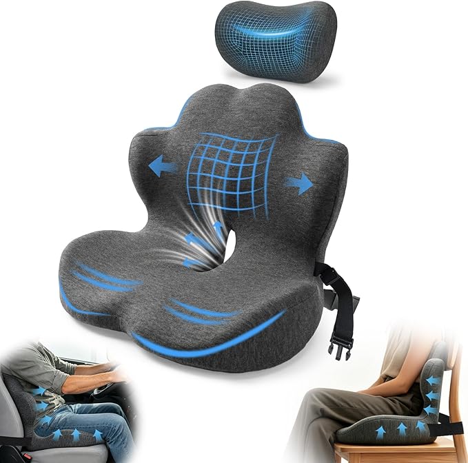 3-in-1 Memory Foam Seat Cushion & Headrest Pillow with Lumbar Support L-Shaped Ergonomic Driver Seat Cushions Design for Sciatica and Tailbone Pain Relief Comfort for Car, Truck,Office,Chair