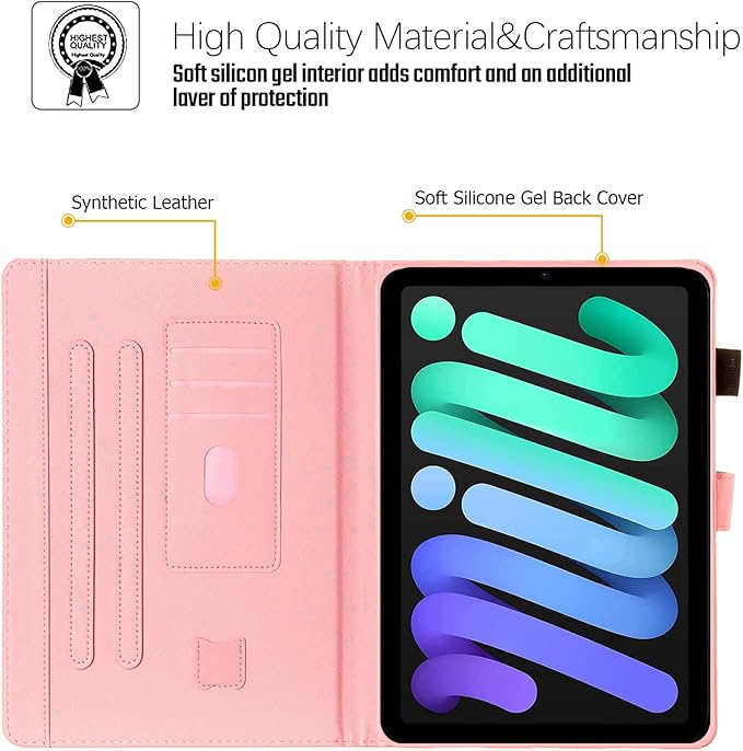 Dteck for iPad mini 8.3" (A17 Pro), Mini 6th Gen 8.3-inch Smart Folio Case with Auto Sleep Wake, Stand, Card Slots, Elastic Stylus Pen Loop Holder, PU Leather Protective Cute Flip Cover, Pink Mint