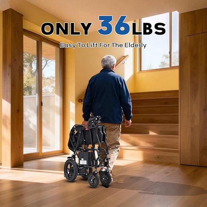 Lightweight Electric Wheelchair for Adults & Seniors, 36 lbs Foldable Power Wheelchair with 12-Mile Range, 264LBS Capacity, All-Terrain, LED Light, Cup Holder & USB Port