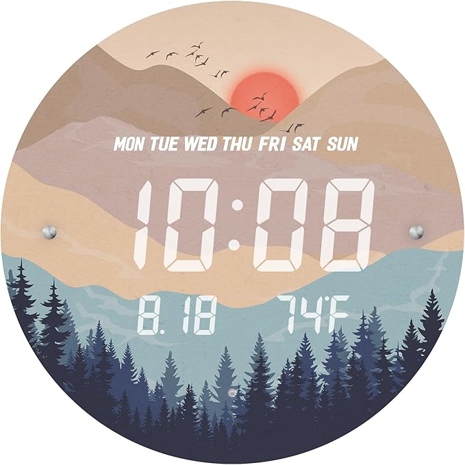 12'' Smart LED Wall Clock, Sunset Wilderness Art, Radar & Voice Activated, Auto Dimming, Large Display with Temp Date Day, 12/24H, Rechargeable for Living Room Bedroom Office Decor