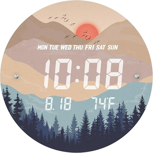 12'' Smart LED Wall Clock, Sunset Wilderness Art, Radar & Voice Activated, Auto Dimming, Large Display with Temp Date Day, 12/24H, Rechargeable for Living Room Bedroom Office Decor