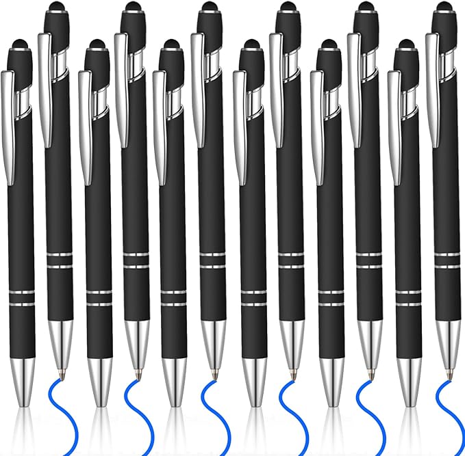 12 Pcs Blue Ink Ballpoint Pen with Stylus Tip, 1.0 mm Metal Pen Stylus Pen for Touch Screens, 2 in 1 Thank You Pen Gift for Friends, Colleagues, Coworker, Office, Family (Black)