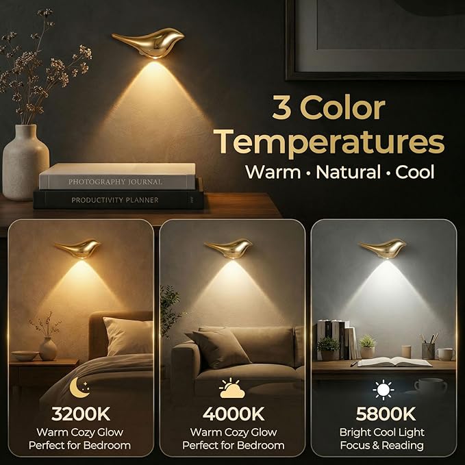 2-Pack Golden Bird Wall Light, Cordless Motion Sensor Wall Light Indoor, Rechargeable Battery Operated Night Light for Home Bedroom, Living Room, Gift for Mom
