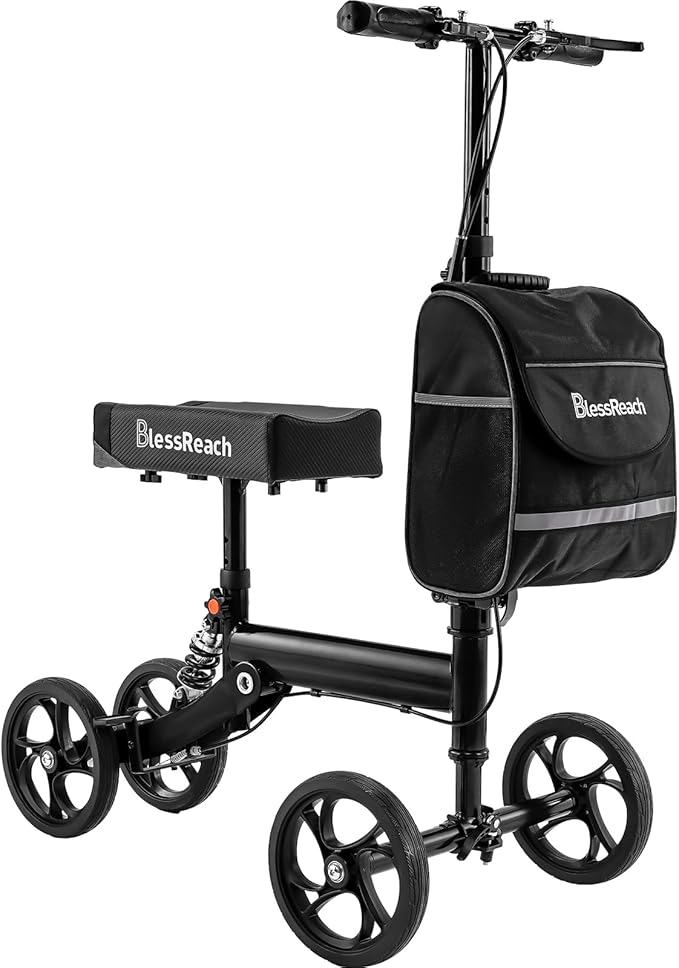 BlessReach Knee Scooter Steerable Knee Walker Deluxe Medical Scooter for Foot Injuries Adult Compact Crutches,Supports Up to 300 lbs（Black）