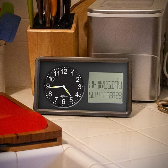 Atomic Combines Analog Time and Digital Display for Day and Date – 10” Display Alarm Clock - Battery Powered Soft Display - Black Frame
