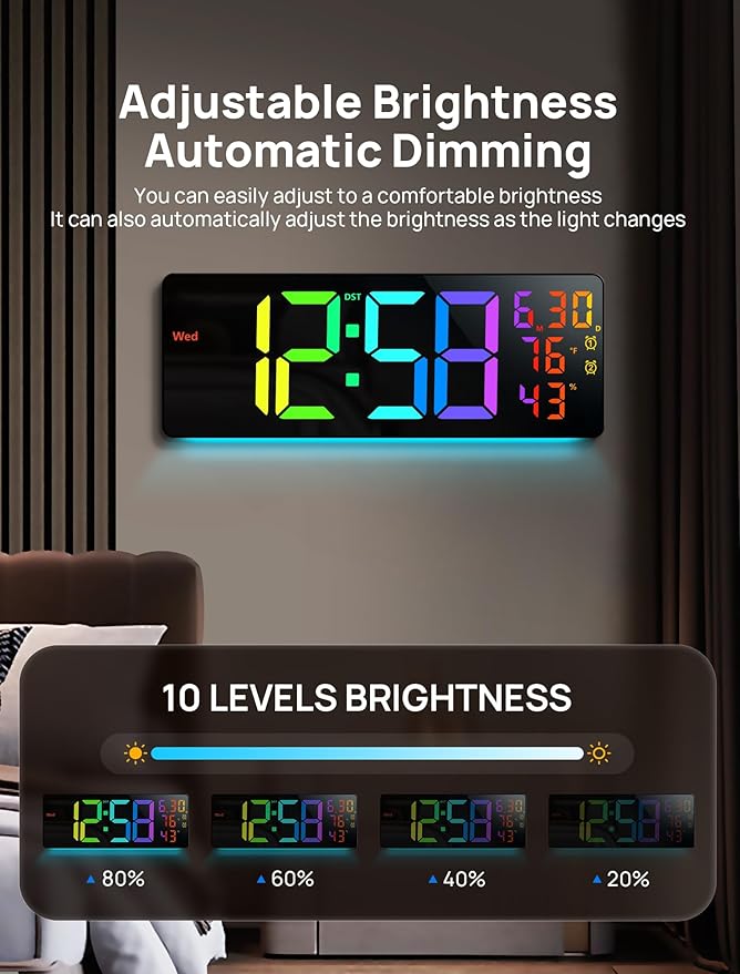 MASHI 17.3" Large Digital Wall Mount Clock, Digital Clock with Remote Control, Alarm, Big LED, RGB Color, DST, Temperature for Living Room Classroom Desk, Bedroom, Decor, Gift for Elderly (RGB)