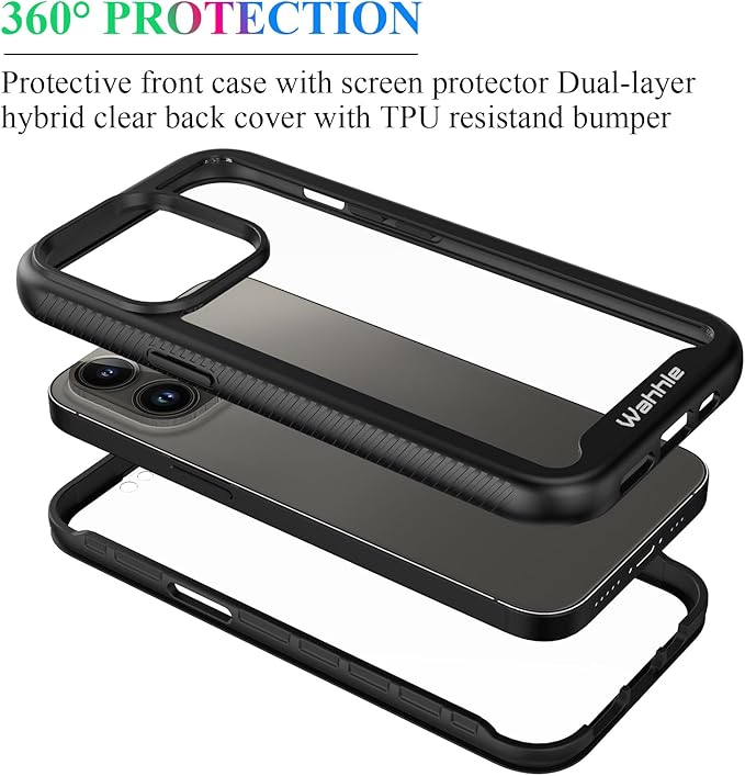 wahhle Compatible with iPhone 13 Pro Case, Built in Screen Protector Full Body Shockproof Slim Fit Bumper Protective Phone Cover 6.1'' Men Women-Black/Clear