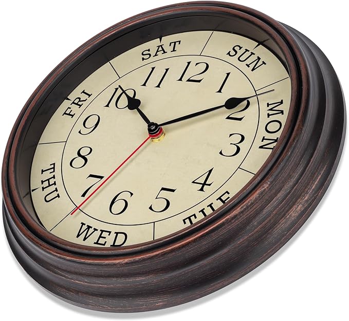 Foxtop Day of The Week Wall Clock for Seniors, 14 Inch Classic Silent Day Wall Clock for Office Home, Ideal Retirement Gift for Men & Women (Bronze)
