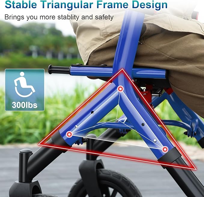 MAXWALK Rollator Walker with Seat, Tall Walkers for Seniors, 12" Big Rubber Wheels All Terrain Rollator Walker with Backrest, Built-in Cable, Foldable and Dual Adjustable Height for 5.3-7ft, Blue