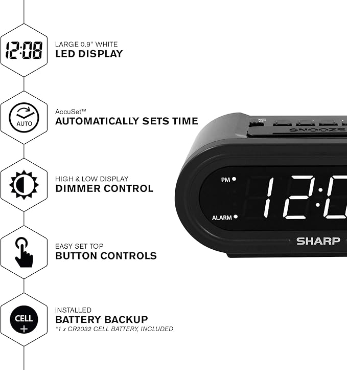 Sharp Digital Alarm with AccuSet - Automatic Smart Clock, Never Needs Setting (Midnight Black-White LED)