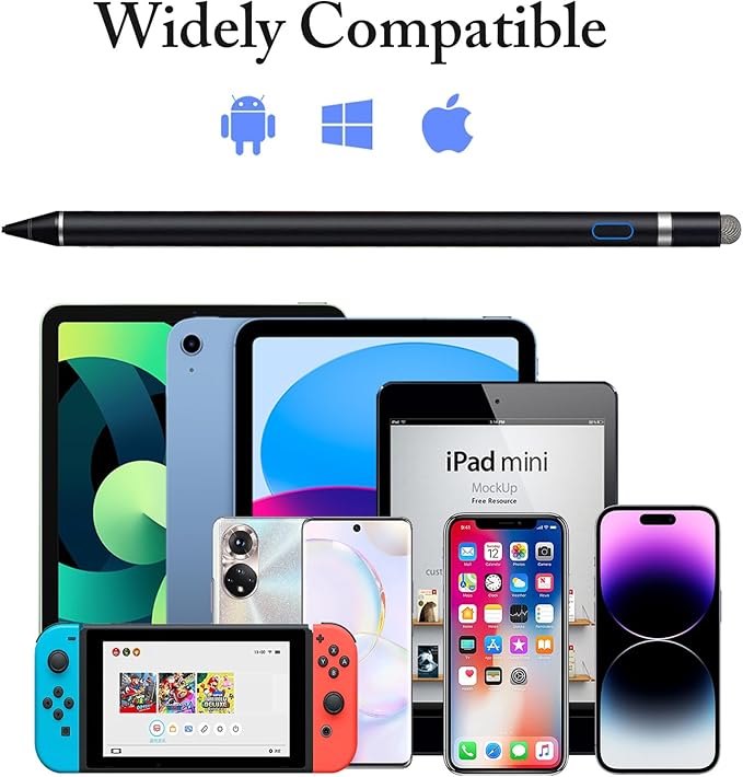 Stylus Pens Compatible for iOS&Android Touch Screens, iPad Pencil with Dual Touch Function, Fine Point Rechargeable Stylus Pen for iPad/Android/iPhone/Cellphone/Tablet Pen/Nintendo Switch 2 - Black