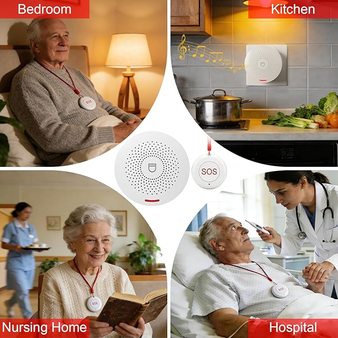 WiFi Caregiver Pager & Call Button with App Alerts, No Monthly Fee, 4 SOS Call Buttons + 1 Receiver Emergency Alert System for Elderly Seniors at Home & Nursing Care Plug & Play Caregiver Call Button