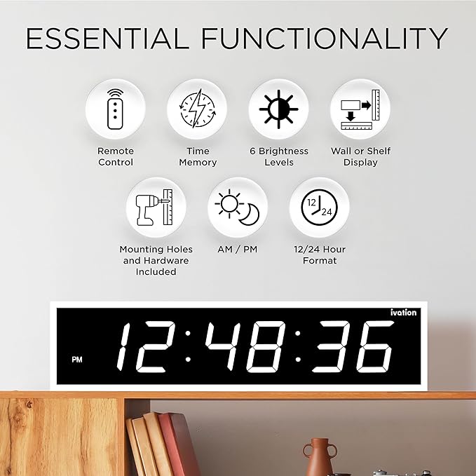 Ivation Oversized Large Digital Wall Clock - Big LED Digital Clock w/Large Display & Durable Aluminum Frame Shelf or Wall Mount (24 Inch - White) 6 Brightness Levels | Time Memory | Remote
