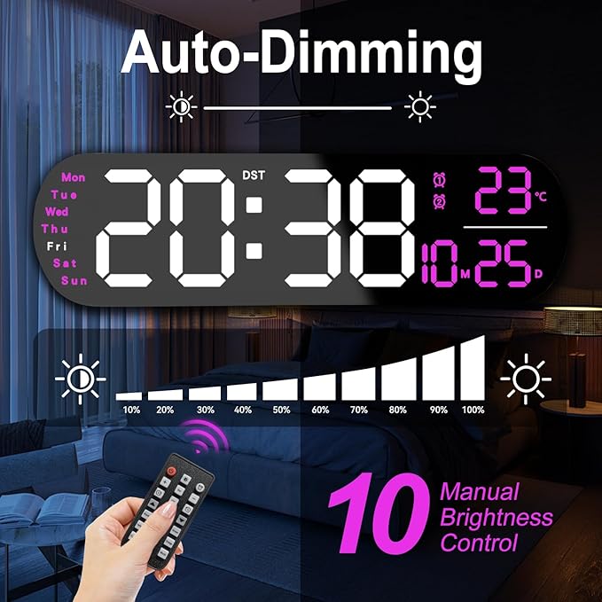 13.7" Large Digital Wall Clock – Remote Control, Dual Alarm, Big LED Display, Auto-Dimming, RGB Night Light, Auto DST – Bedroom, Living Room, Office, Purple