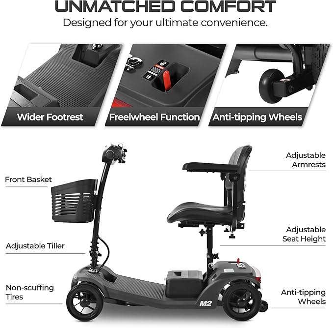 Electric Mobility Scooter for Adults Wheelchair Device for Travel, Elderly, 20 Miles per Charge.330 lbs Max Weight, 4-Wheel Powered Mobility Scooters for Seniors (M2-Black)