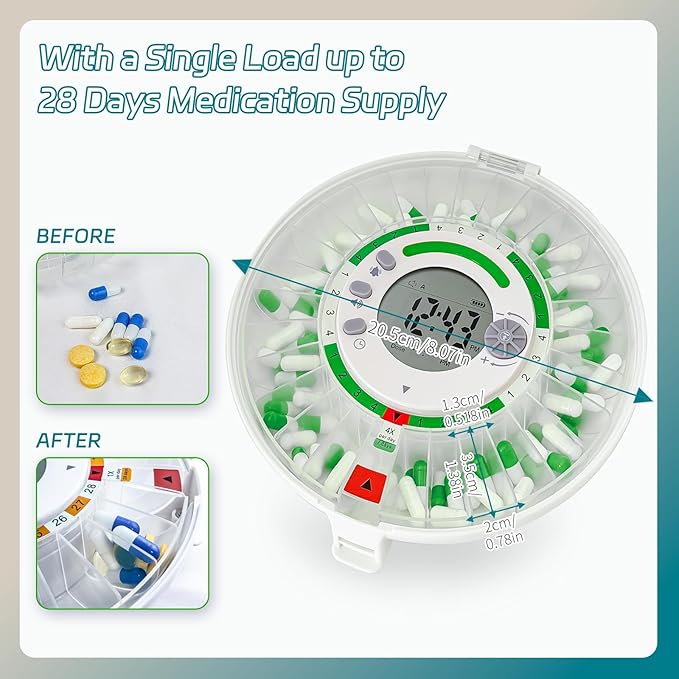 Bluetooth Automatic Pill Dispenser with App, Alarm, Light Alerts, 28-Day Medication Organizer for Seniors & Caregivers with Tracks Adherence History, Clear LCD, Key Lock, for Vitamins Prescriptions