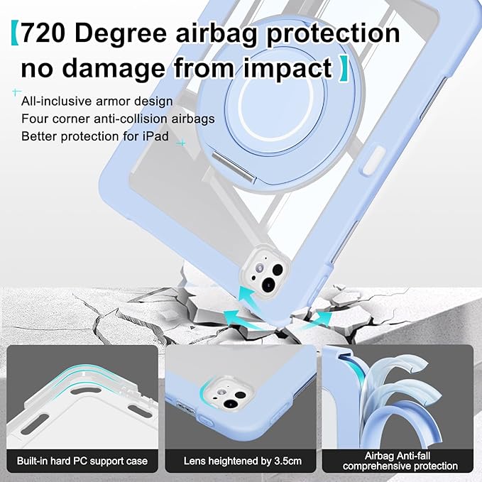 Dteck for iPad Pro 11 inch (M4/M5) 2024/2025 Release Shockproof Clear Case with Stylus Pencil Holder/Rotating Kickstand/Swivel Handle, Lightweight Protective Slim Transparent Tablet Cover Shell, Blue