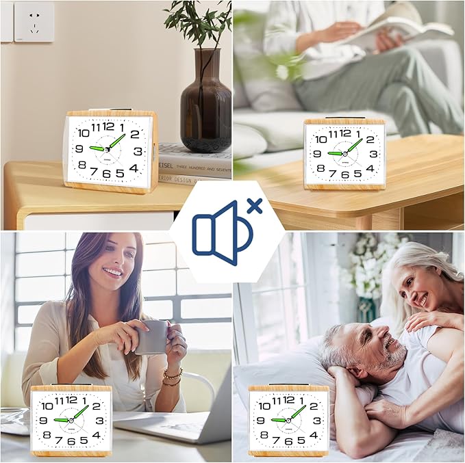 DTKID Large Alarm Clock for Bedside, Silent Non-Ticking Analog Clock with Night Light, Battery Powered, Gradually Increasing Alarm for Heavy Sleepers, Seniors