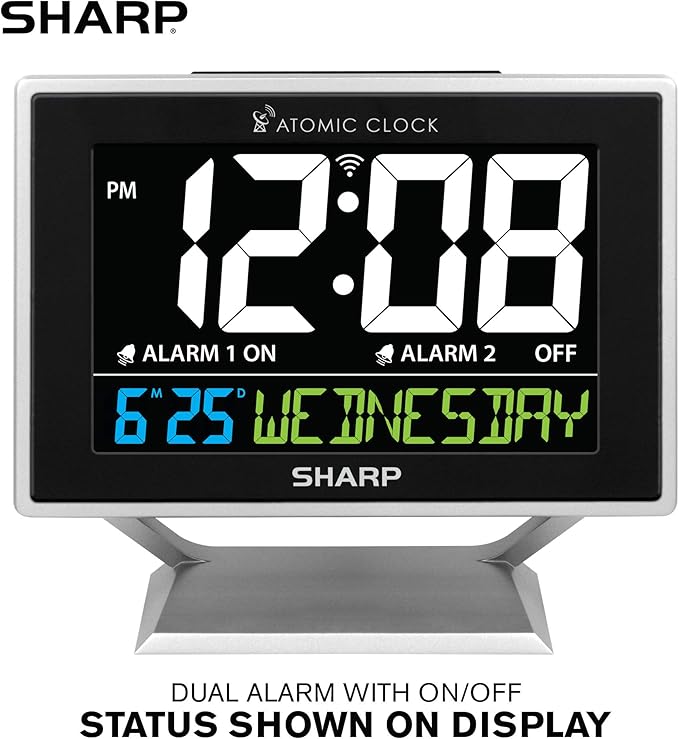 Sharp Desktop Dual Alarm Clock with Color Display - Atomic Accuracy - Calendar & Day of Week Time/Date Display