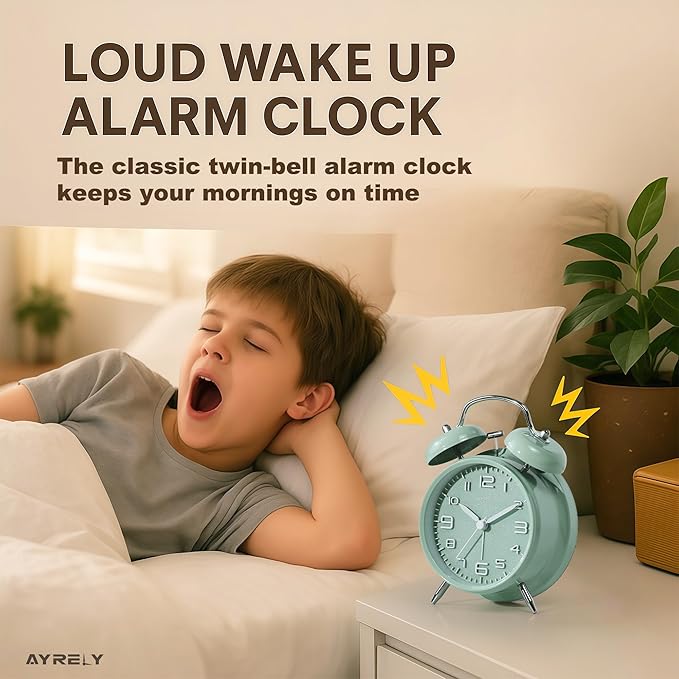 AYRELY® Super Loud Twin Bell Alarm Clock for Heavy Sleepers Adults, 4-Inch Retro Silent Non-Ticking with Night-Light, 3D Raised Number Dial, Battery Operated for Bedroom Bedside (3D Dial – Green)